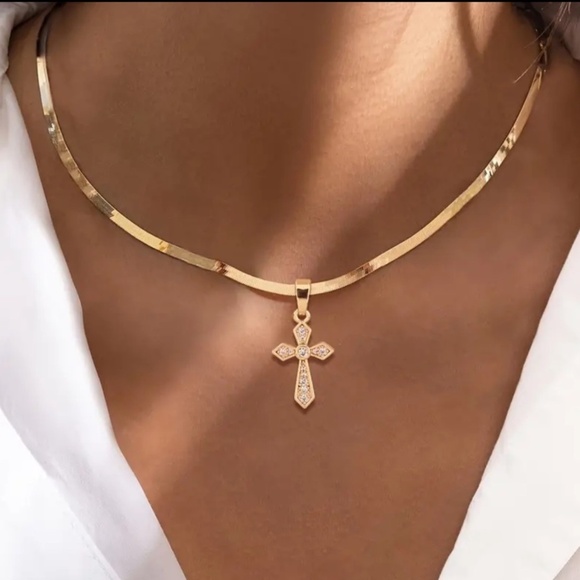 Gorgeous Hypoallergenic Gold Cross Herringbone Necklace - Picture 1 of 15